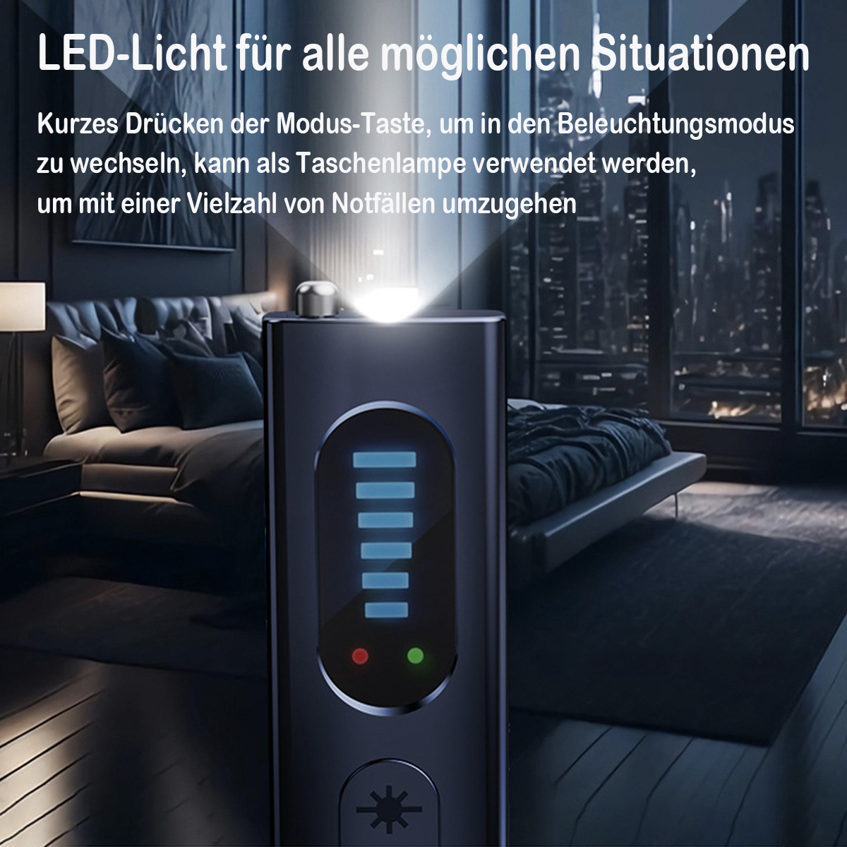 Ein schwarzes Gerät mit einem Bildschirm, der blaue Balken, rote und grüne Lichter und eine Taste zeigt.