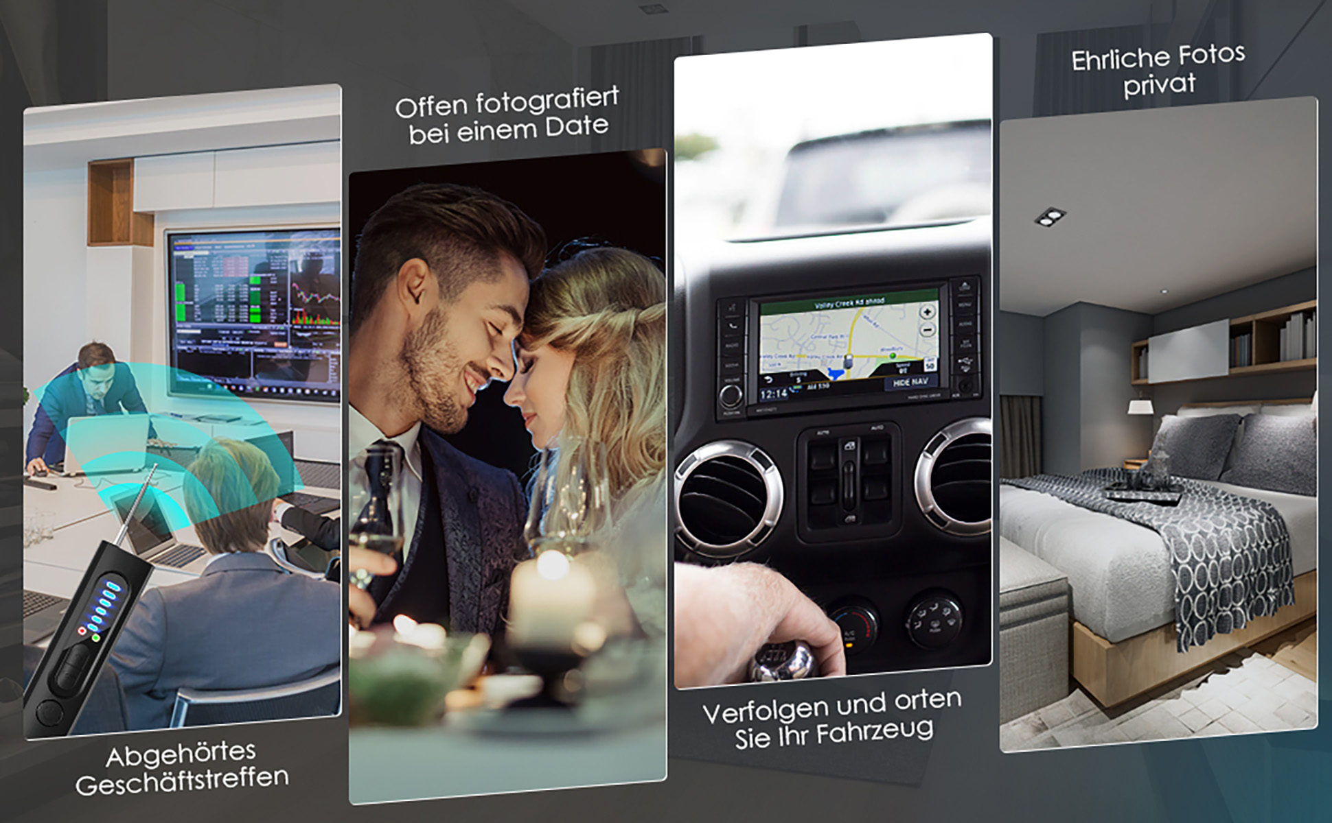 Eine Collage von Bildern: ein Mann mit Gerät, ein Paar, ein Auto-Armaturenbrett und ein Schlafzimmer.
