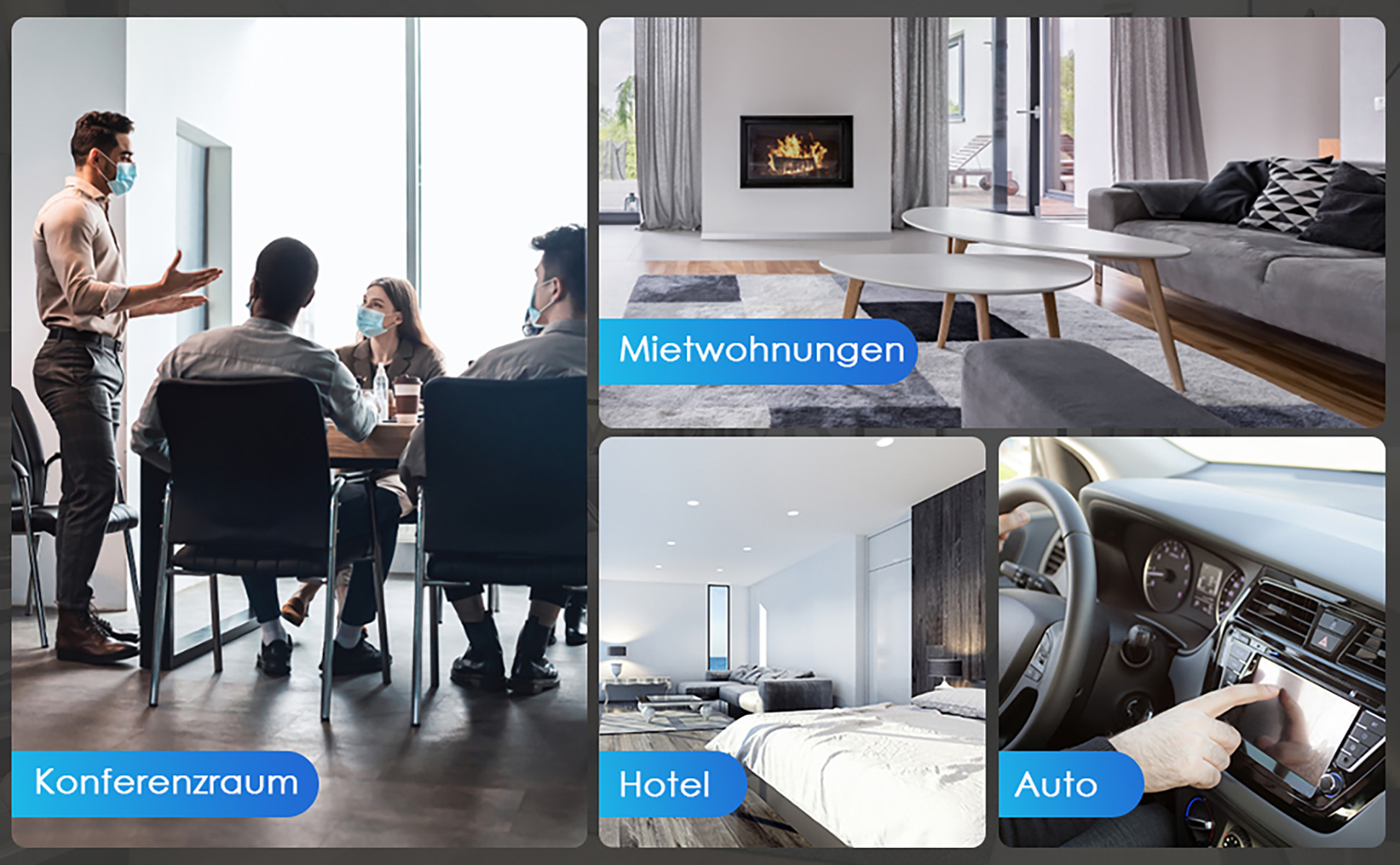 Collage von Räumen: Konferenzraum, Mietwohnungen, Hotel, Auto usw., mit Personen.