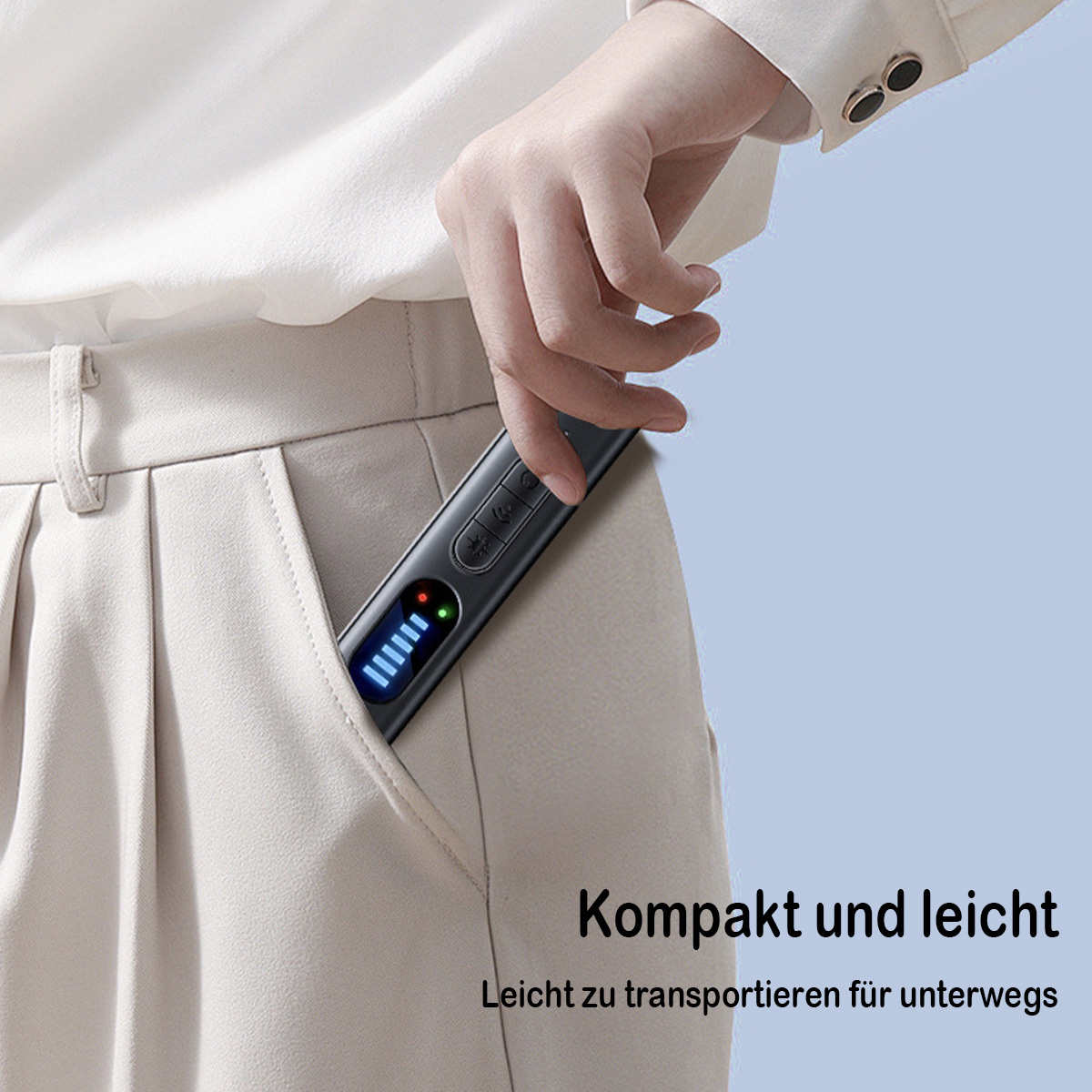 Eine Hand in einer Tasche, die ein schwarzes Gerät mit einem Bildschirm hält. Text: Kompakt und leicht.