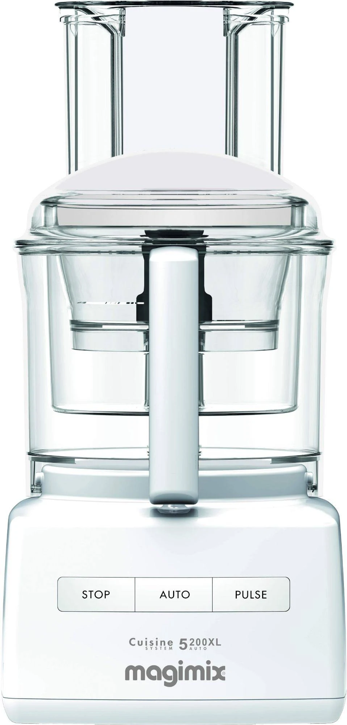Robot da cucina Magimix bianco con tre contenitori trasparenti, tre pulsanti.