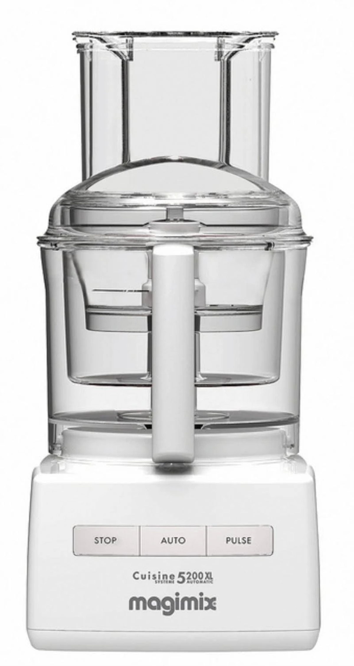 Un robot da cucina bianco, con contenitore trasparente e manico. Pannello di controllo alla base.