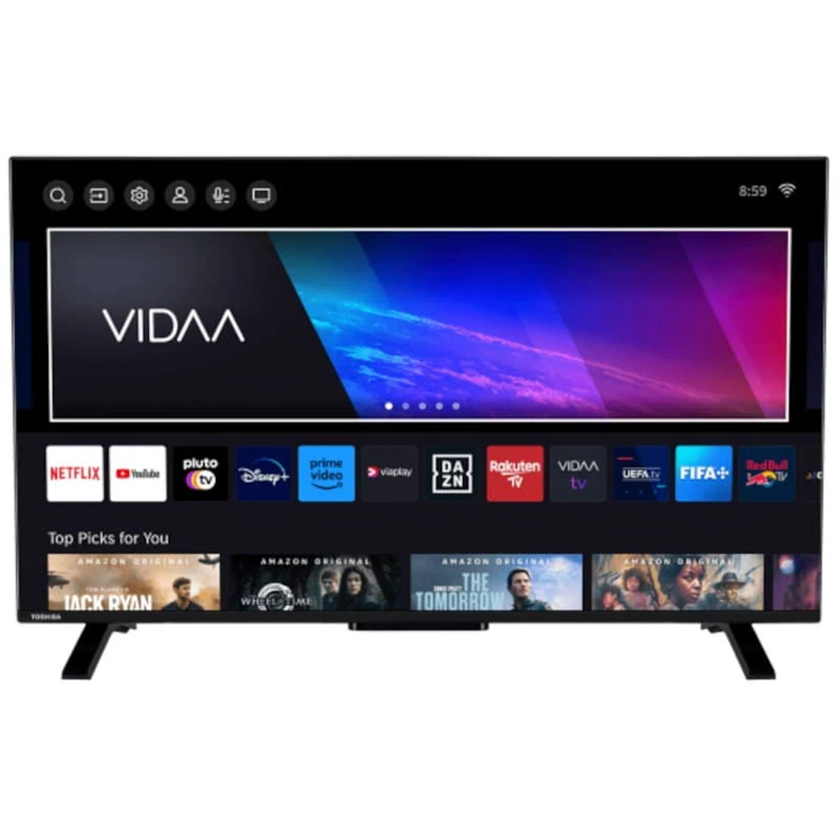 Toshiba-Fernseher mit VIDAA-Oberfläche, Apps und Sendungsvorschlägen, schwarzer Rahmen und Ständer.