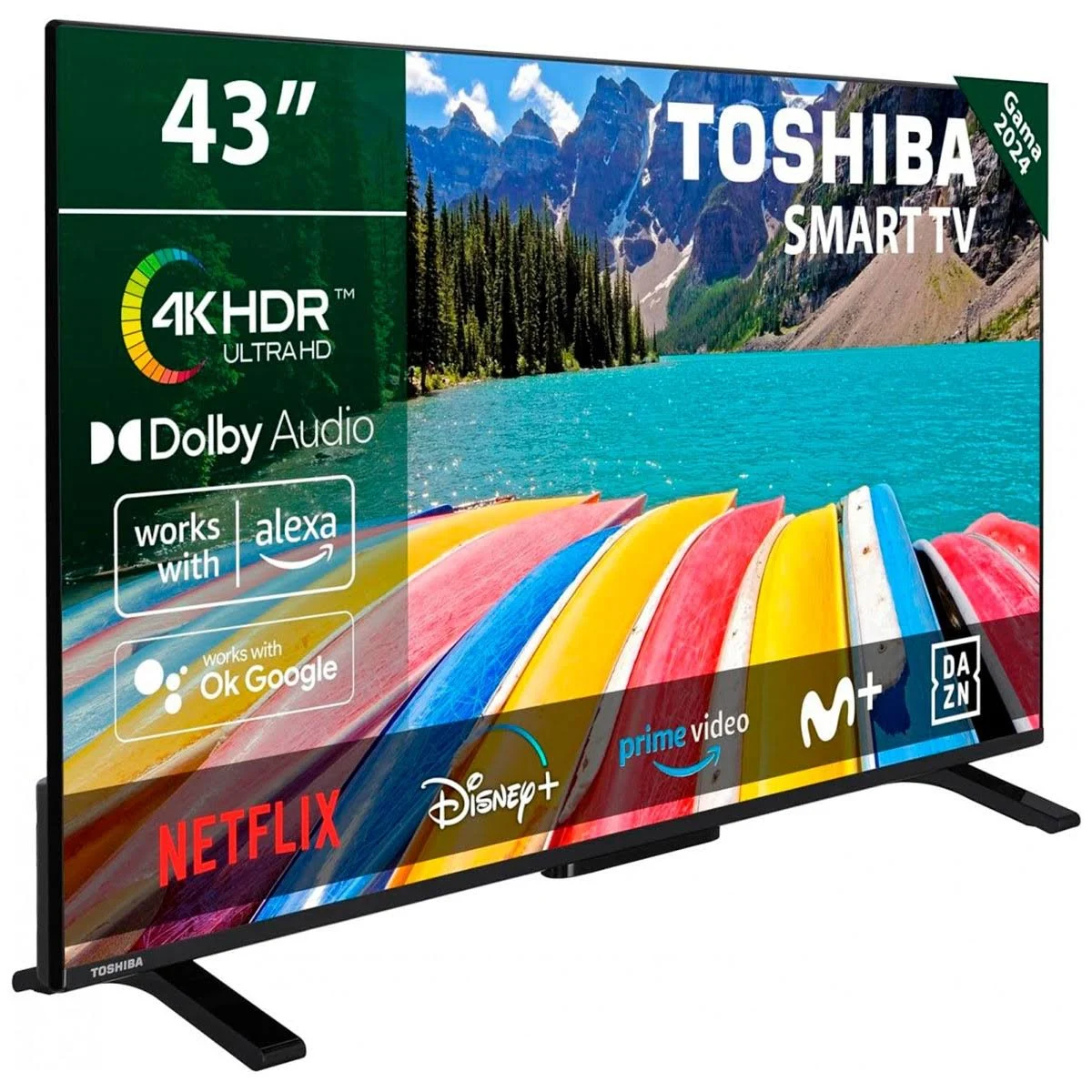 43 Zoll Toshiba Smart TV. Zeigt eine Bergseeszene mit bunten Kajaks. Logos für Apps sind ebenfalls sichtbar.
