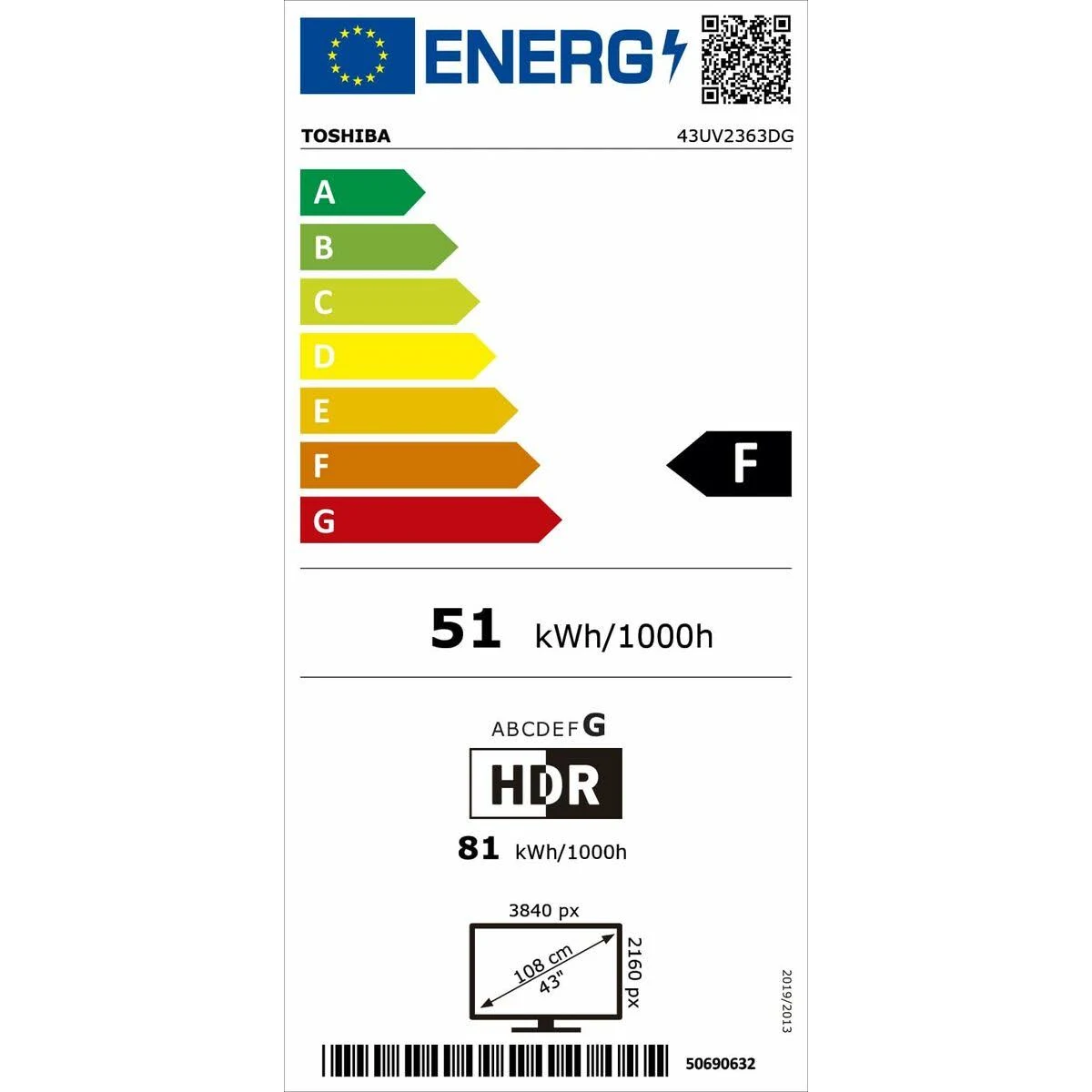 Energieeffizienzlabel für einen Toshiba Fernseher. Zeigt Energiebewertungen und andere technische Daten.