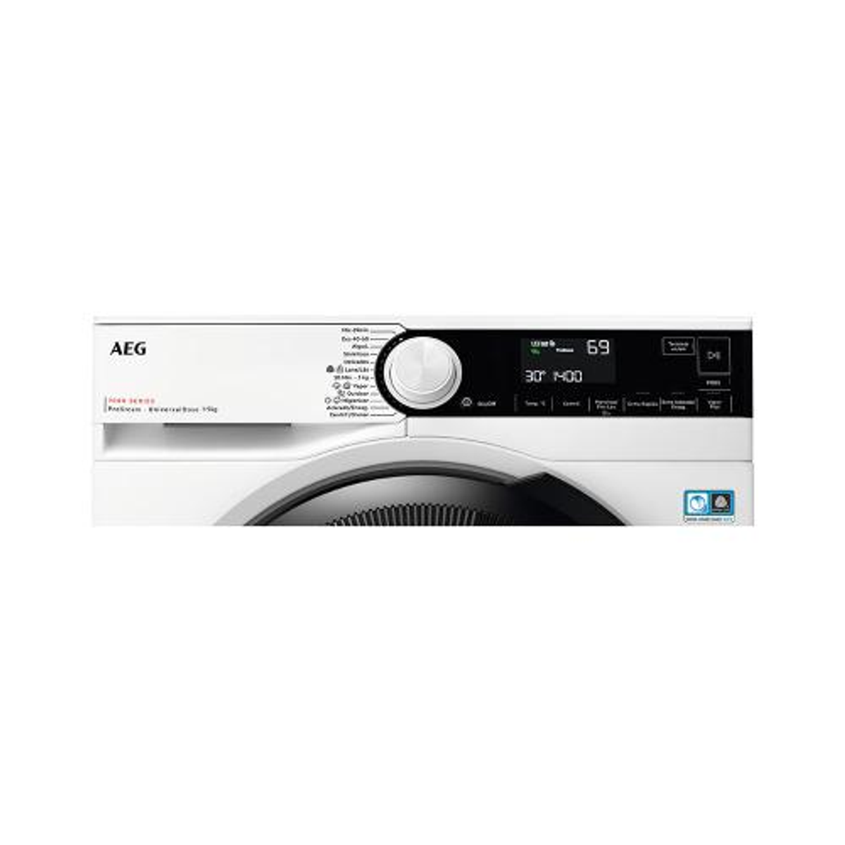 Lavadora AEG blanca con panel de control y pantalla digital.