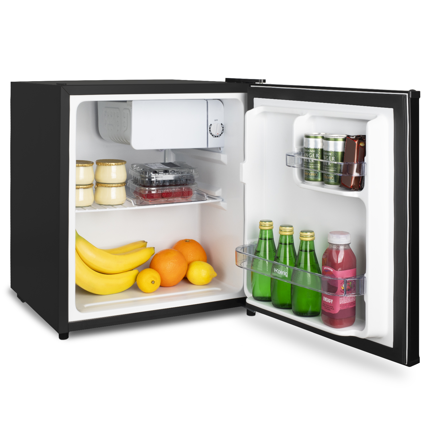Un mini-frigorifero con la porta aperta. Contiene frutta, bevande e alimenti.
