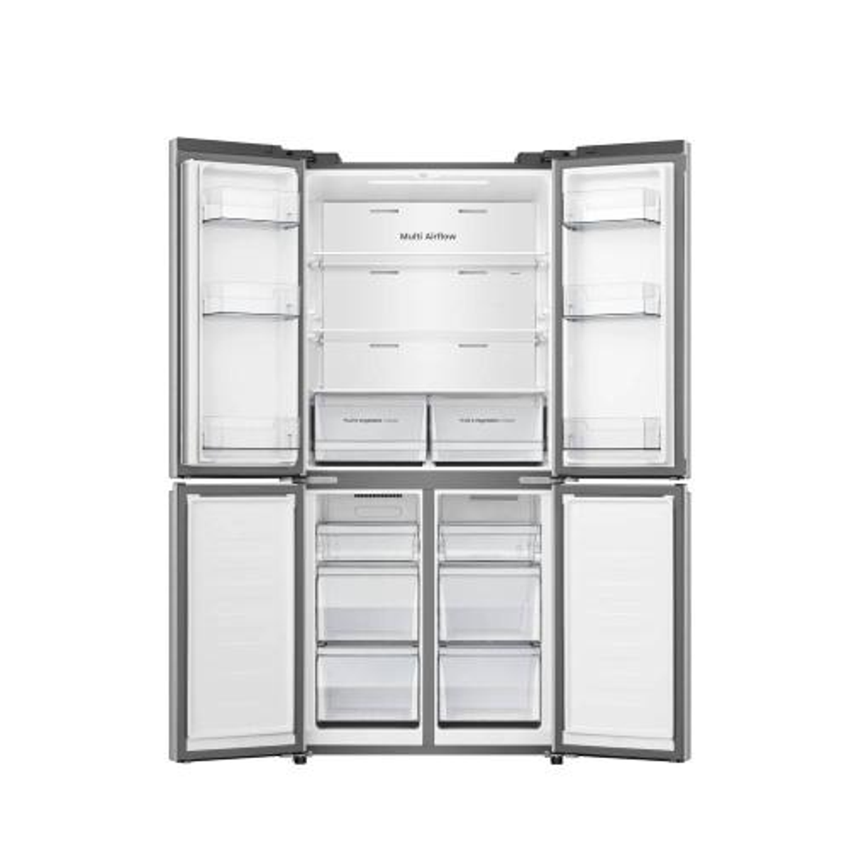 Refrigerador abierto. Hay múltiples estantes y cajones. El refrigerador es plateado.