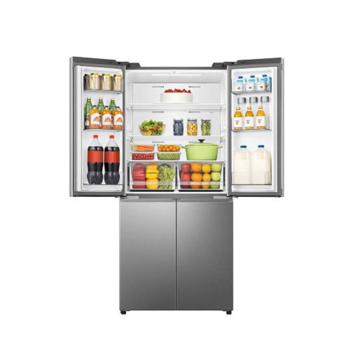 Refrigerador de acero inoxidable con puertas abiertas, lleno de alimentos y bebidas.
