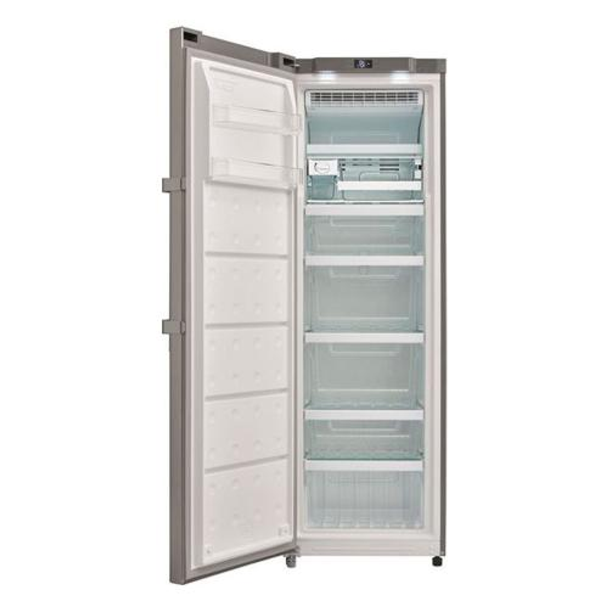 Refrigerador con la puerta abierta, mostrando estantes y compartimentos.