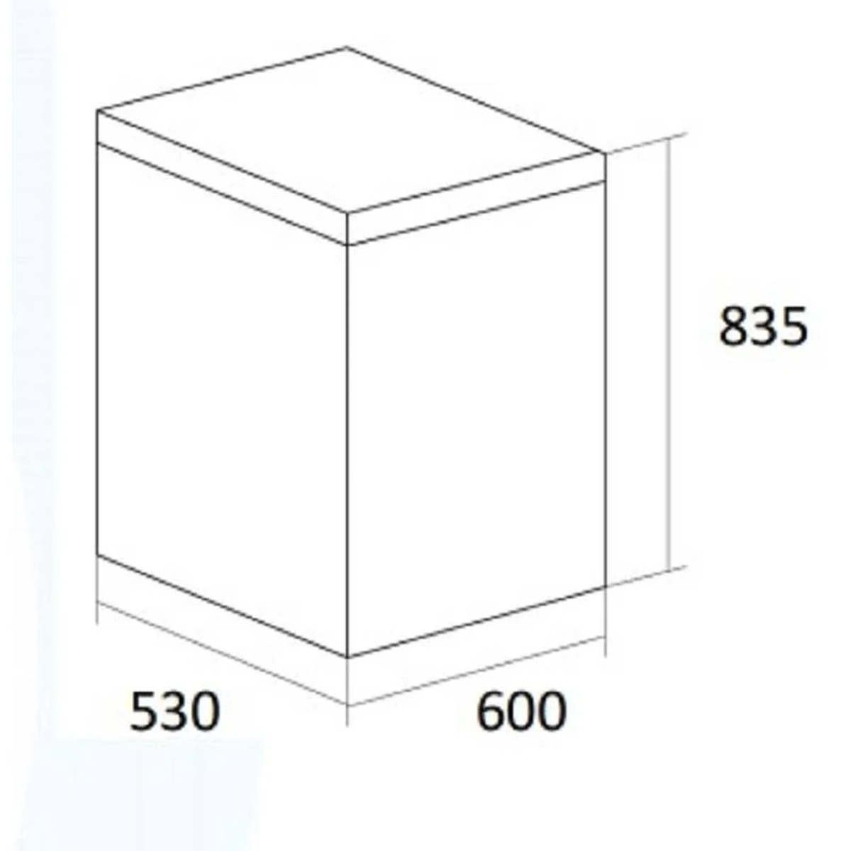 Caja rectangular blanca con dimensiones marcadas: 530mm x 600mm x 835mm.