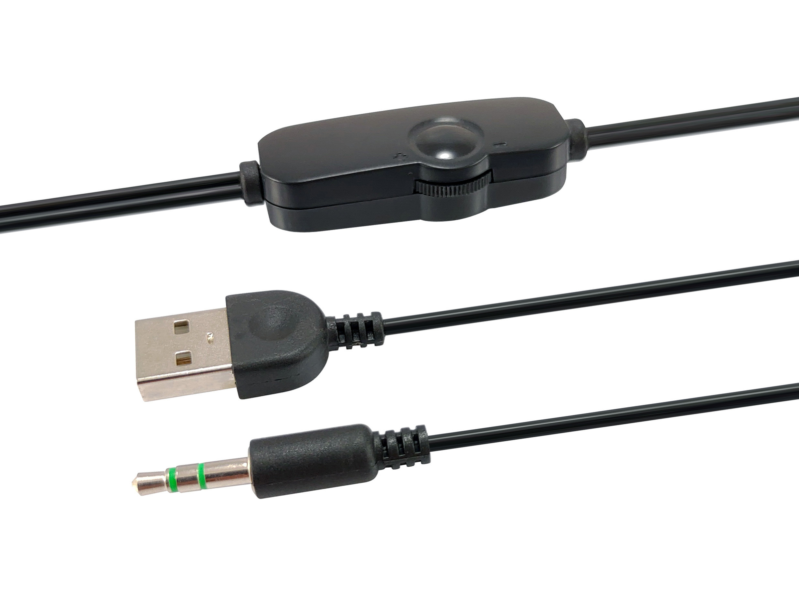 Cable de audio negro con control de volumen, conector USB y conector de audio de 3,5 mm.