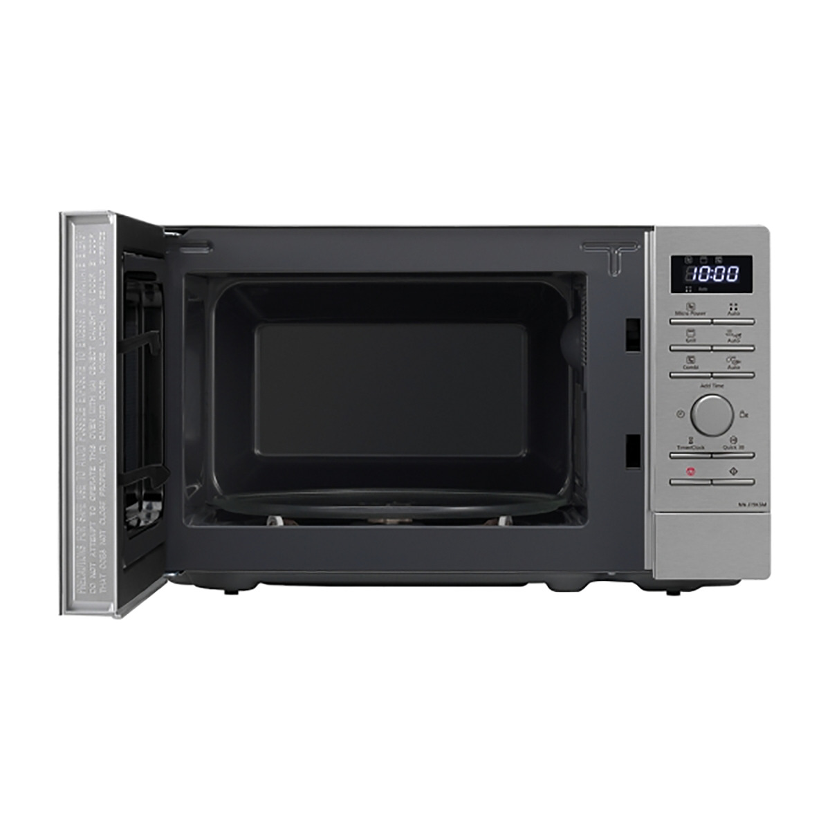 Kuchenka mikrofalowa z otwartymi drzwiami, pokazująca wnętrze i panel sterowania.