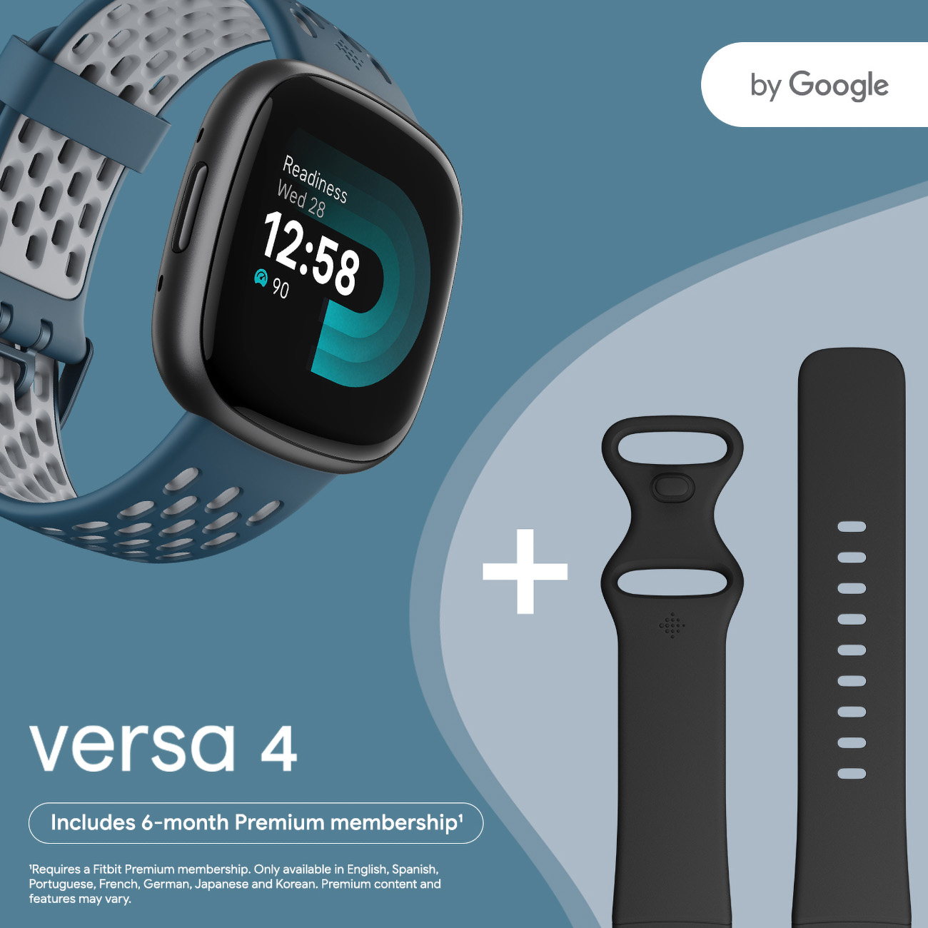 Zegarek Fitbit Versa 4 z niebieskim paskiem, czarnym paskiem i etykietą 'by Google'.