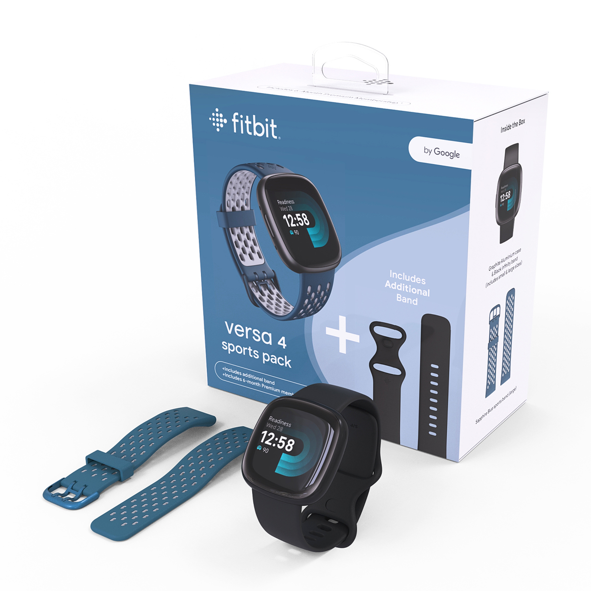 Pudełko Fitbit Versa 4 sports pack ze smartwatchem i dwoma paskami.