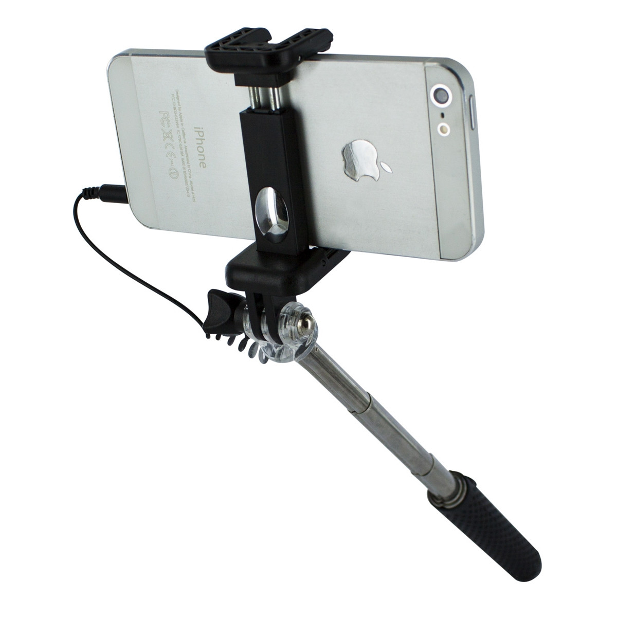 Un palo selfie sosteniendo un iPhone plateado con un soporte negro.