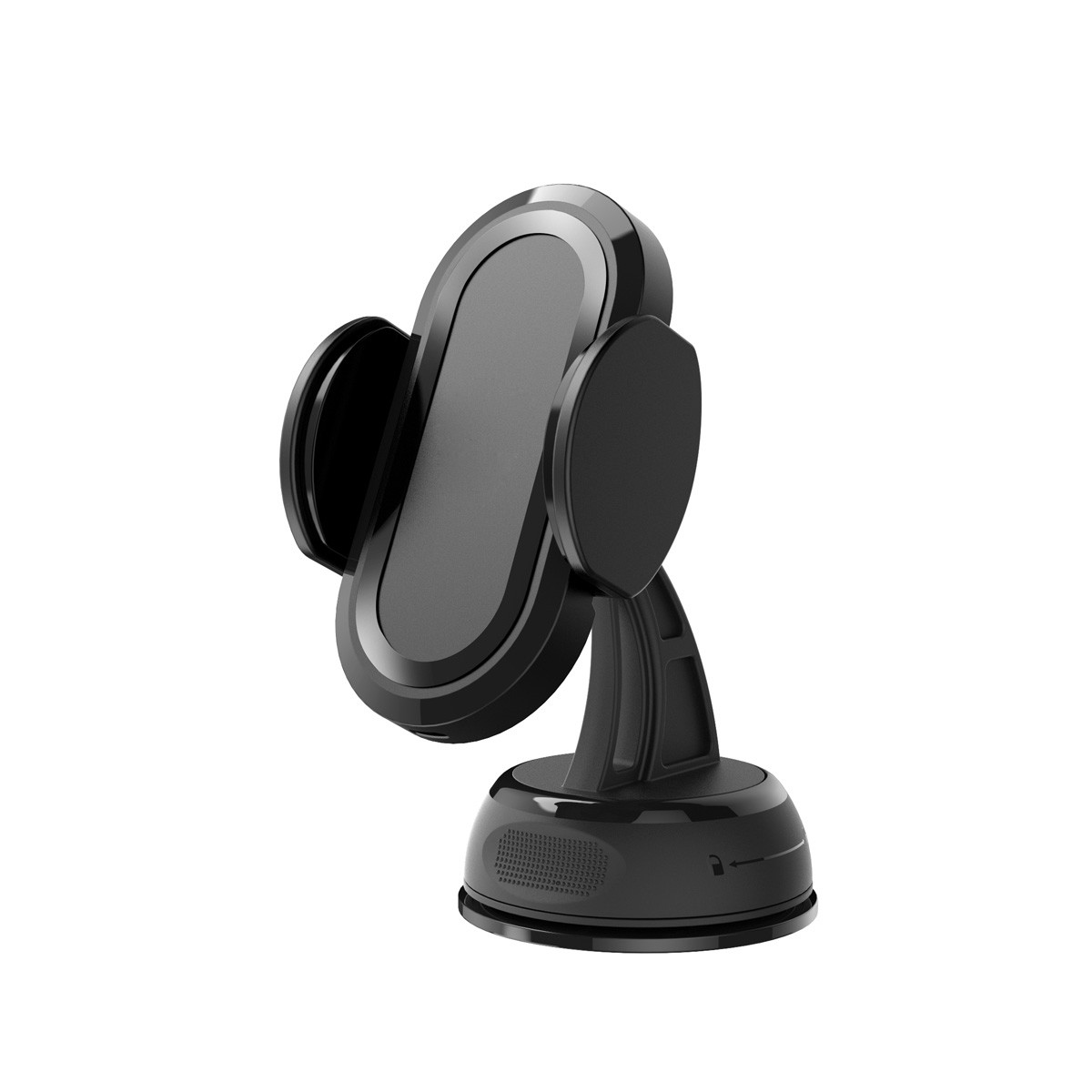 Soporte negro para teléfono de coche sobre fondo blanco. Tiene una base de ventosa.