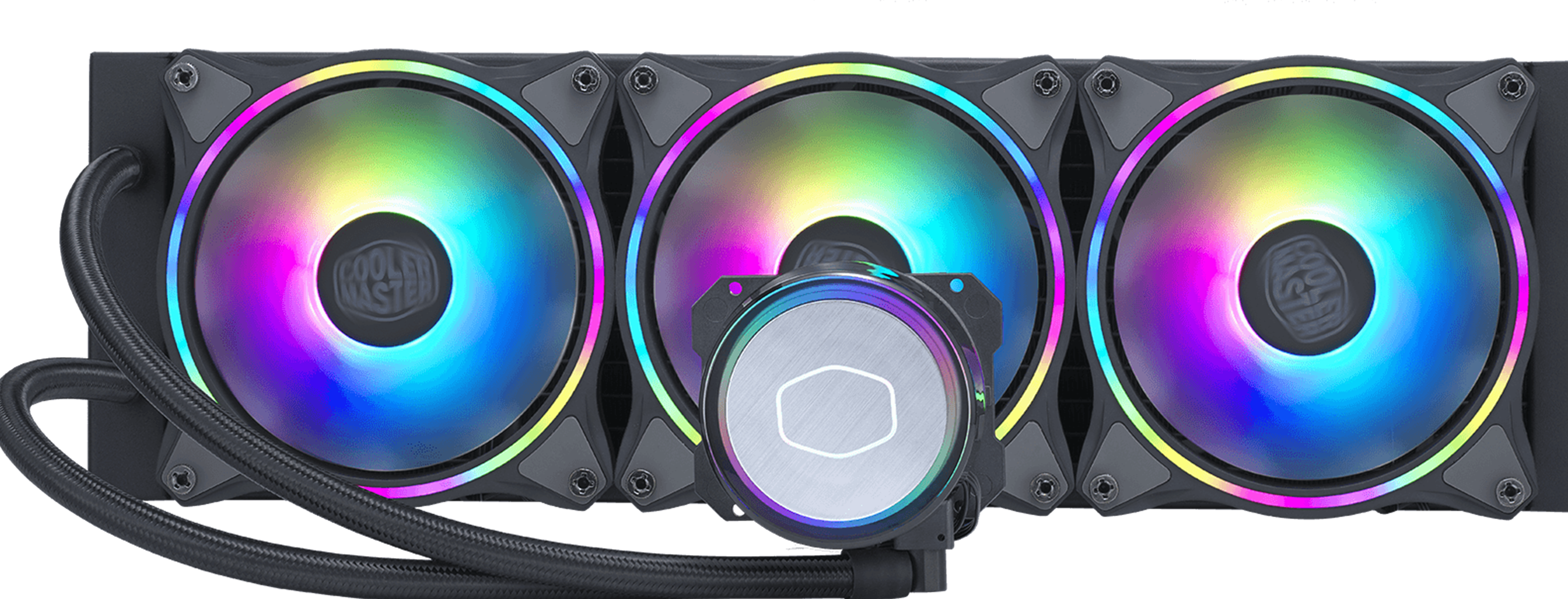 Un dissipatore a liquido per computer con tre ventole e una testa pompa circolare.