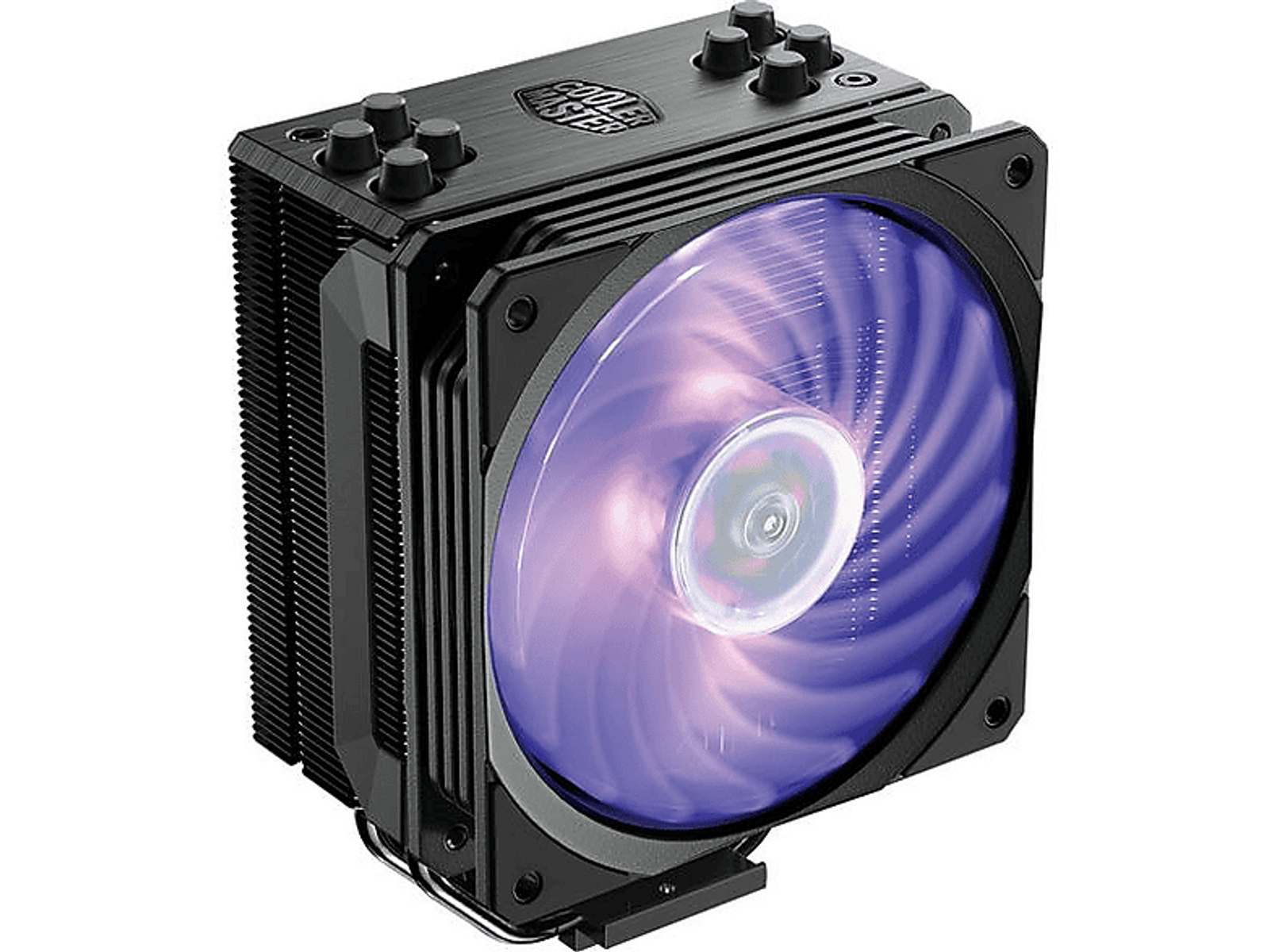 Black computer CPU cooler with a purple fan and the words 'Cooler Master'.
