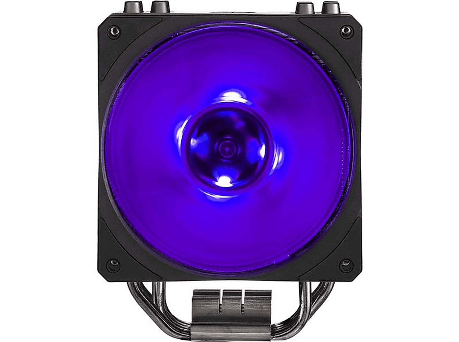 A computer fan with a purple light. It has a black frame and a black heat sink.