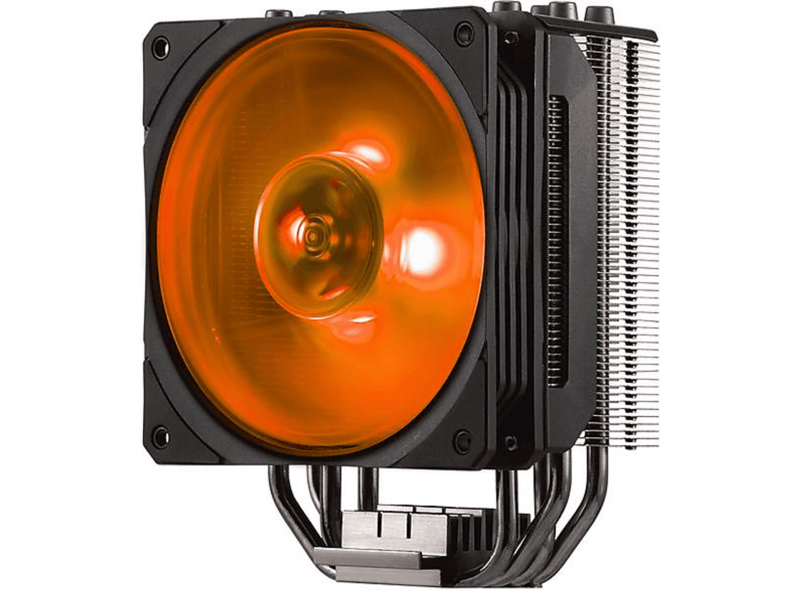 Computer fan with orange illuminated blades and a black frame, close up shot.