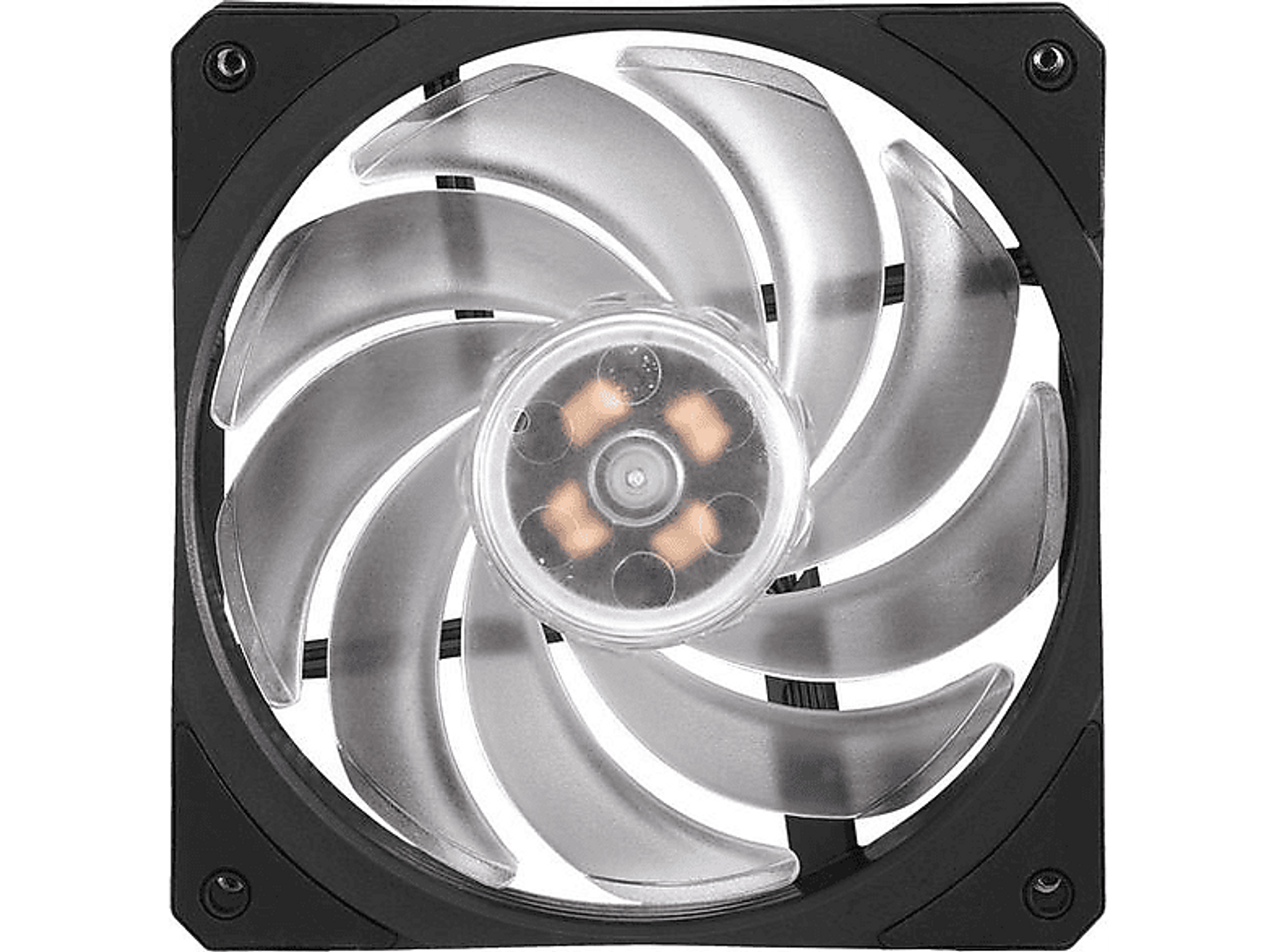 A black computer fan with clear blades, and a central hub.