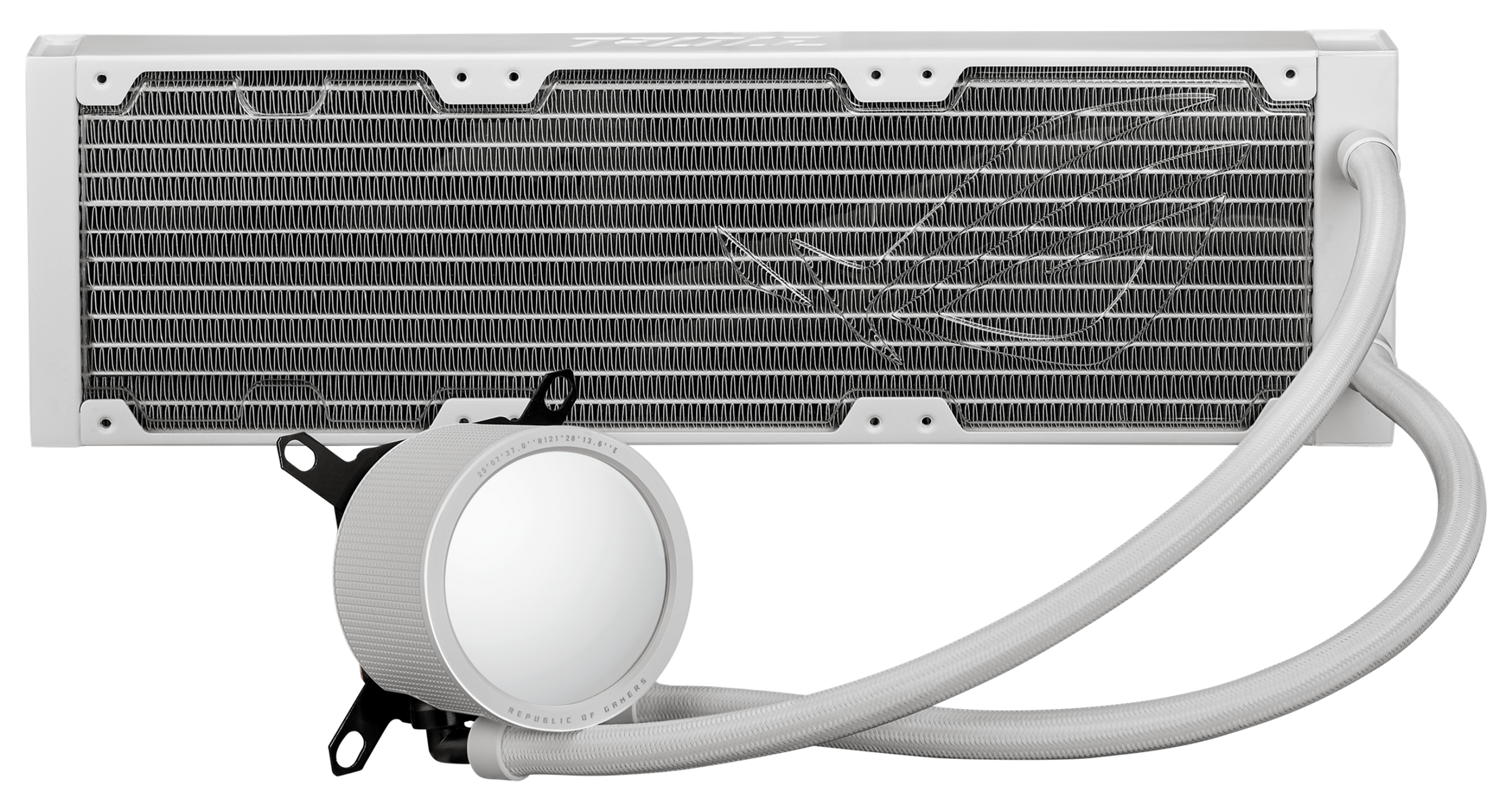 Biały system chłodzenia komputera z dwiema rurkami i okrągłym zbiornikiem, na czarnym tle.