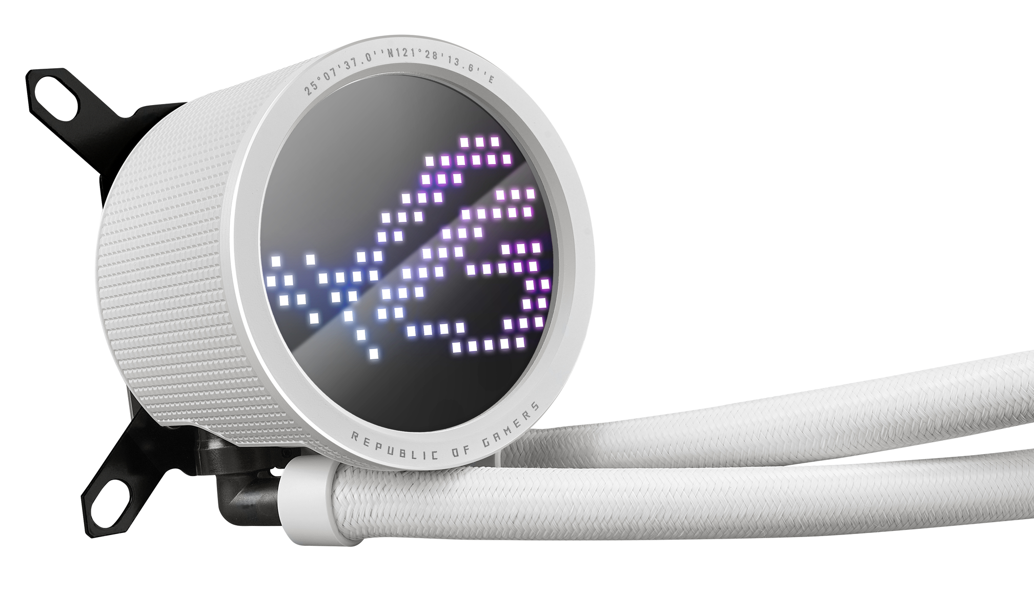 Biała chłodnica wodna z logo ROG i białymi rurkami.