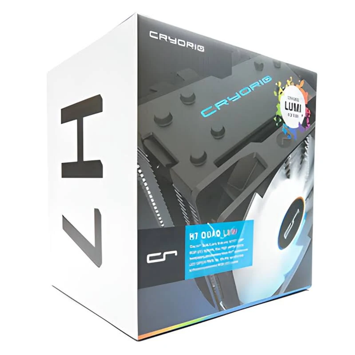 Biało-czarne pudełko chłodnicy procesora Cryorig z widocznym wentylatorem.