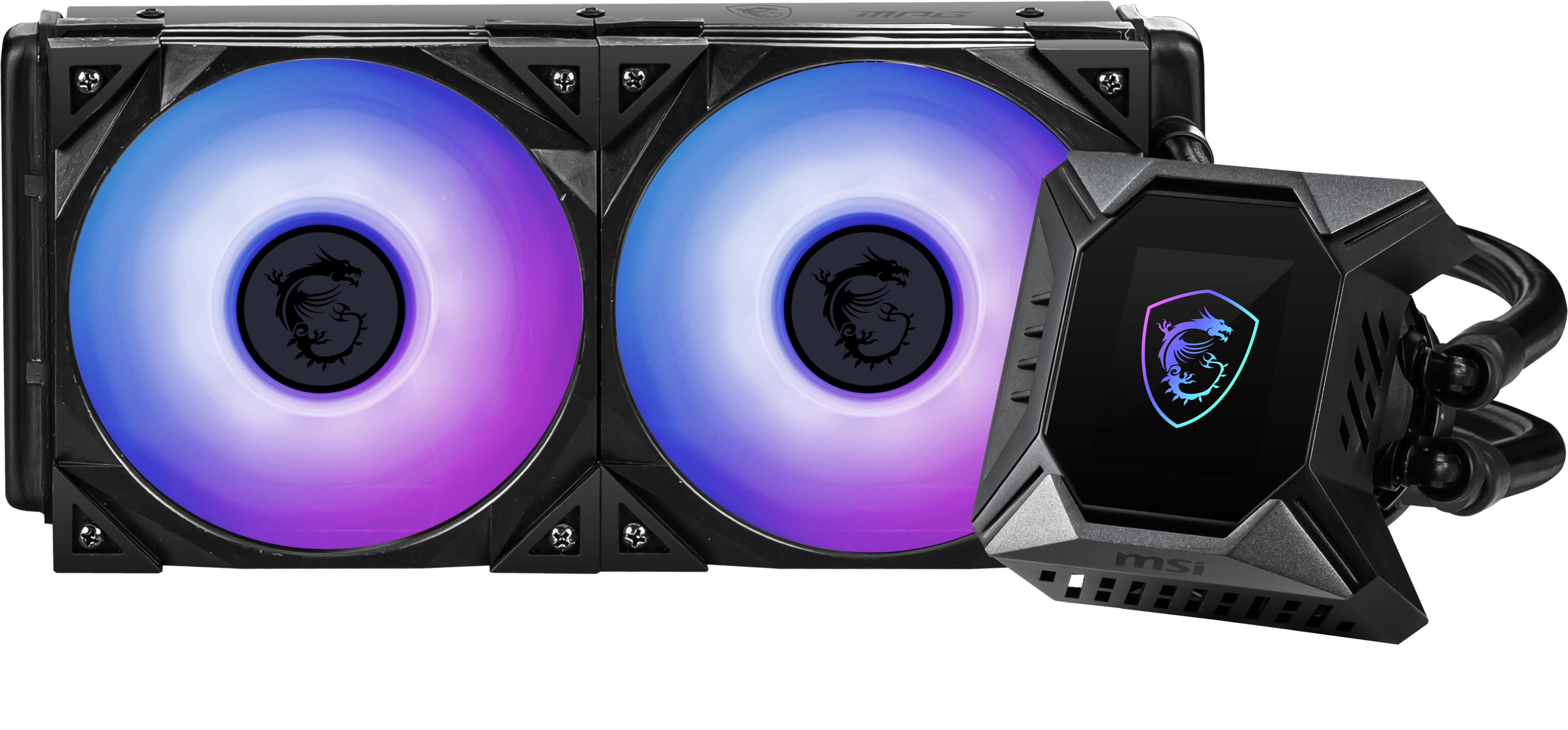 MSI Flüssigkeitskühler für PC. Zwei Lüfter mit RGB-Beleuchtung und ein Wasserblock.