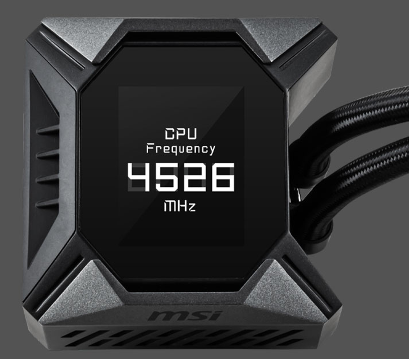 Schwarzer und grauer CPU-Kühler mit Digitalanzeige für Frequenz und MSI-Logo.