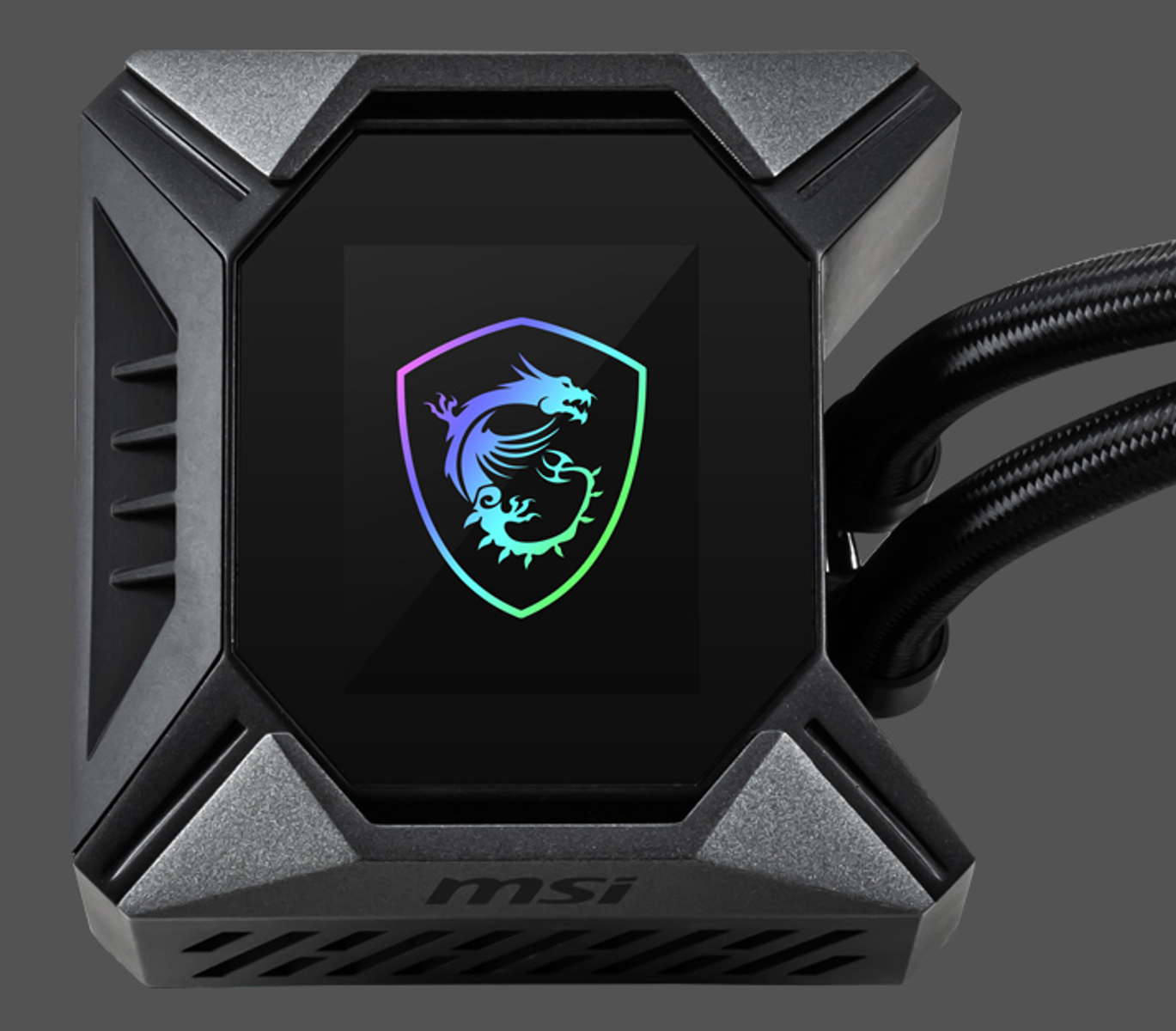 Ein schwarzer und grauer PC-Kühler mit einem MSI-Logo auf einem Bildschirm.