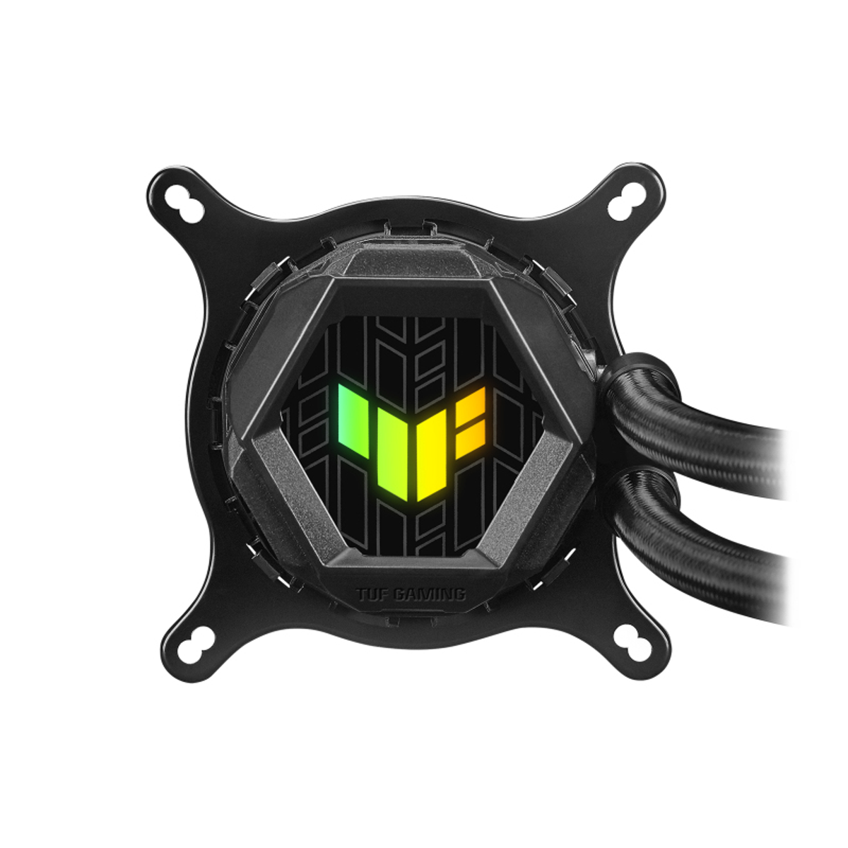 Black PC cooler with a fan and a central emblem, with colorful lighting on a white background.