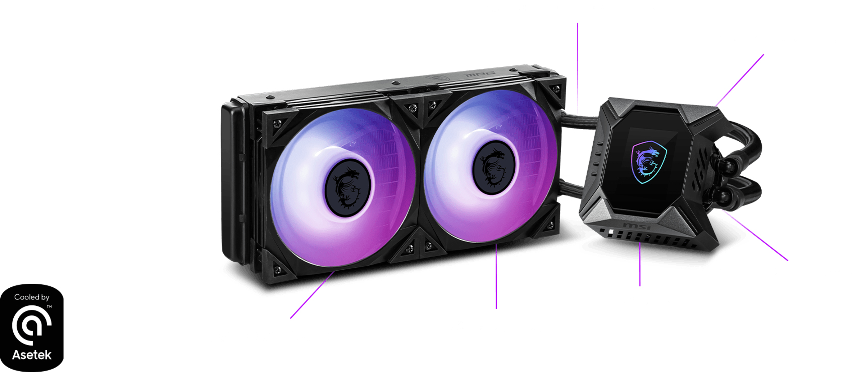 MSI-Flüssigkeitskühler mit Lüftern, schwarz und silber. Lüfter mit RGB-Beleuchtung, Pumpe mit MSI-Logo.