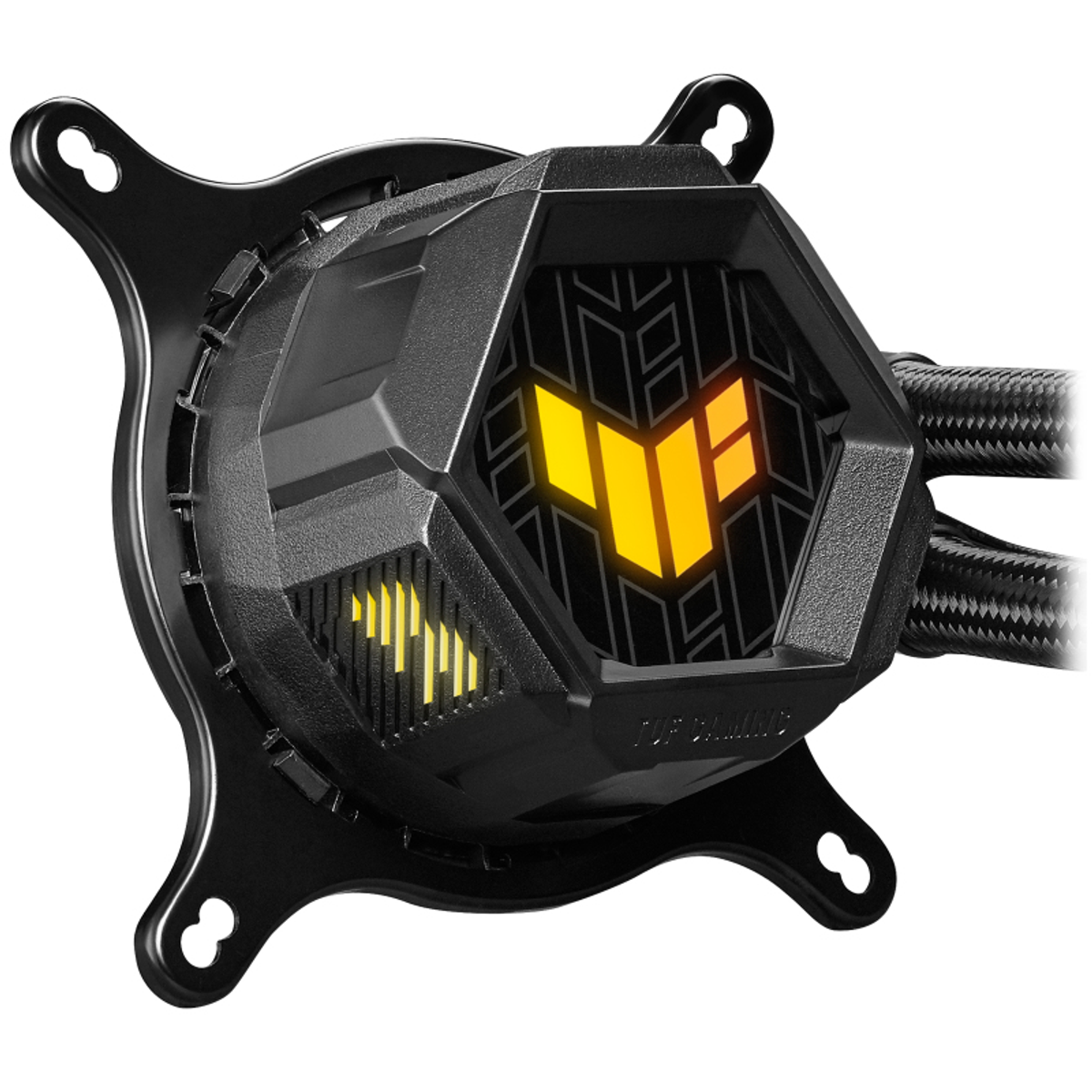 Black and yellow computer cooling unit with a logo.