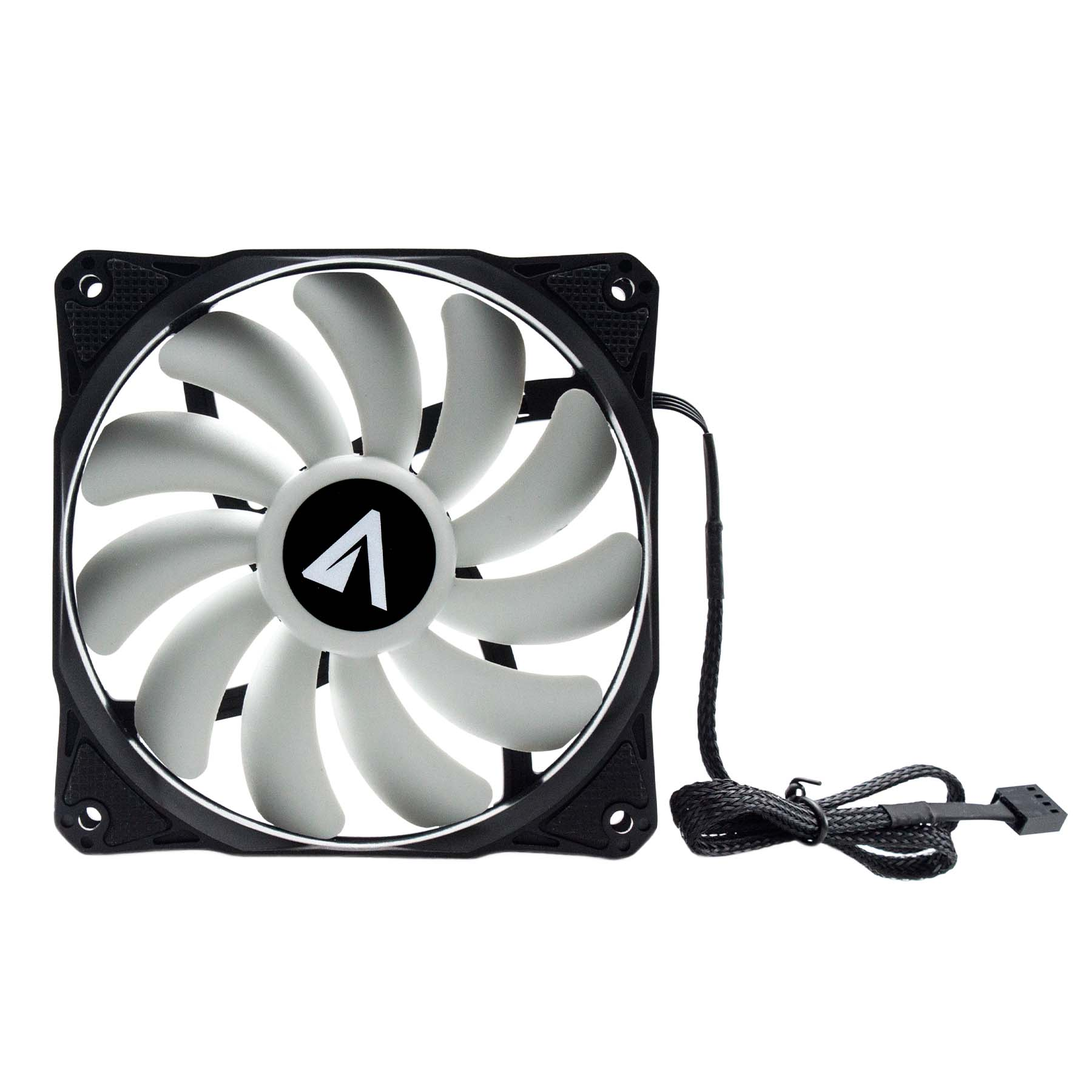 Ventola per computer nera e bianca con 9 pale e telaio nero, sfondo bianco.