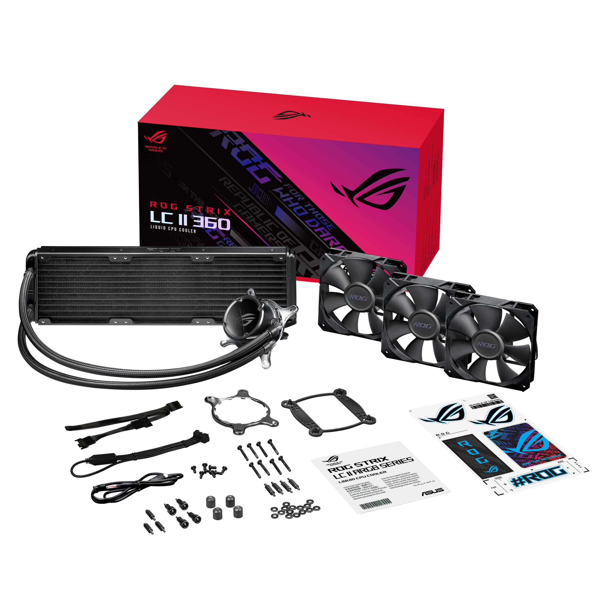 ROG Strix LC II 360 Flüssigkeits-CPU-Kühler-Kit mit Komponenten und Verpackung.
