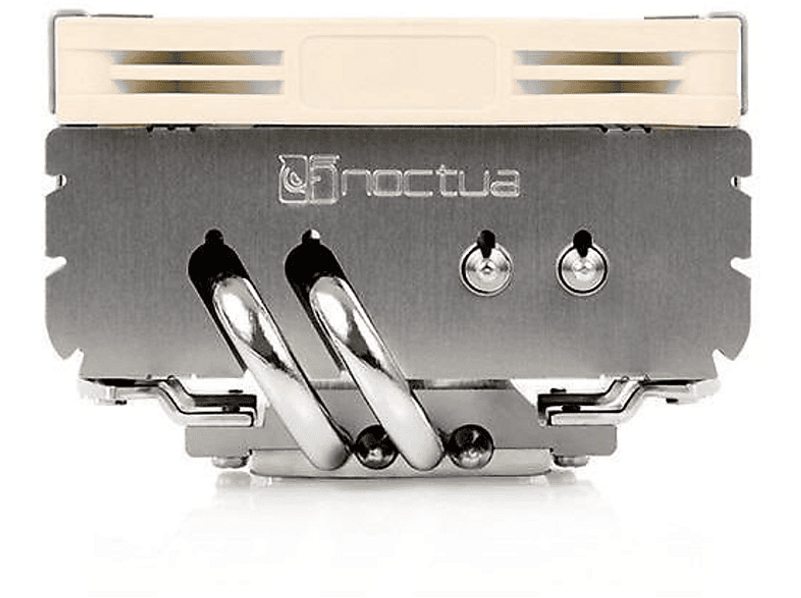 Zbliżenie chłodnicy CPU Noctua z rurkami cieplnymi i wspornikami.