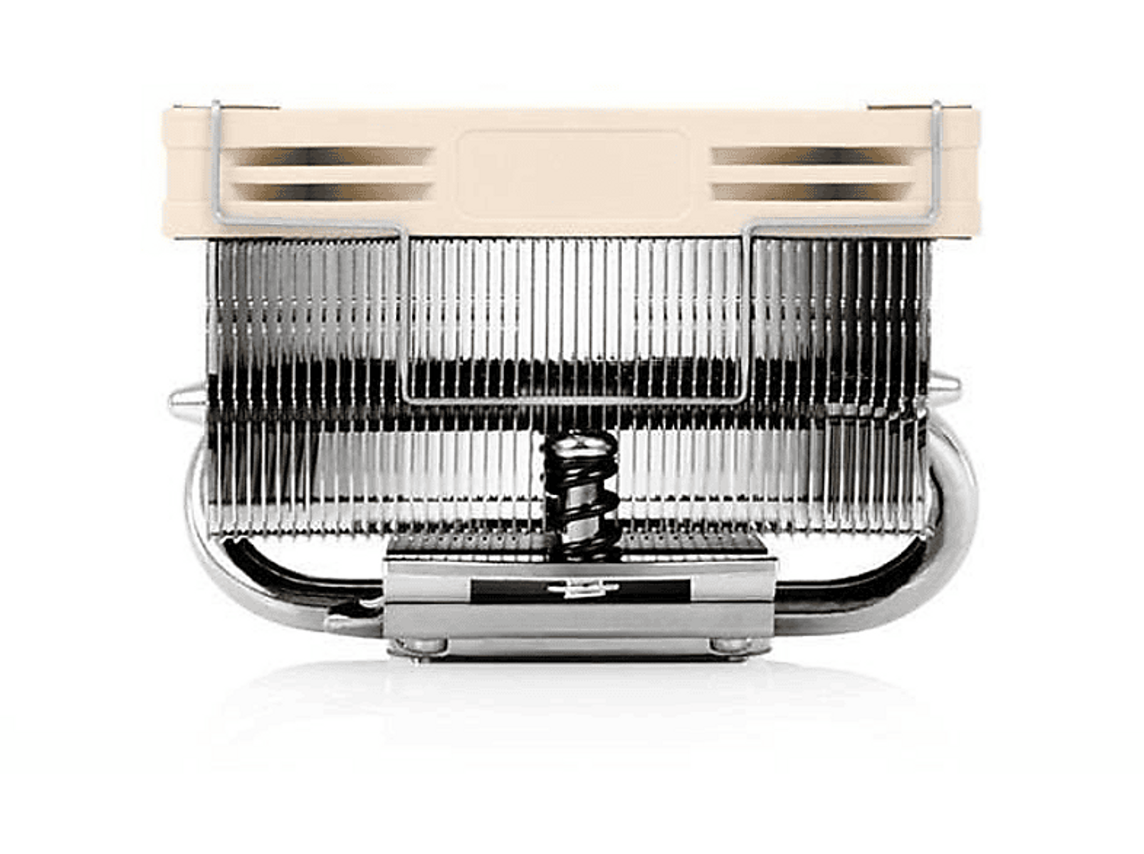 Chłodnica komputera z rurkami cieplnymi, żeberkami i beżową górą.