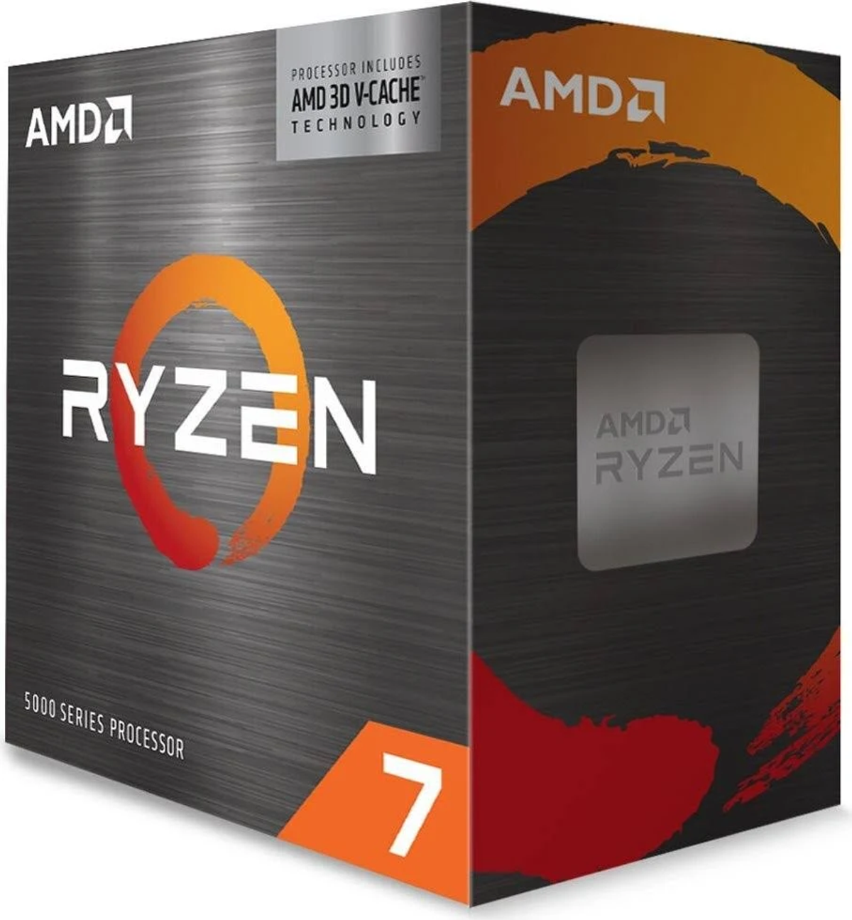 AMD Ryzen 7 Prozessorbox. Es zeigt das AMD Ryzen-Logo und die Nummer 7. Grauer Hintergrund.