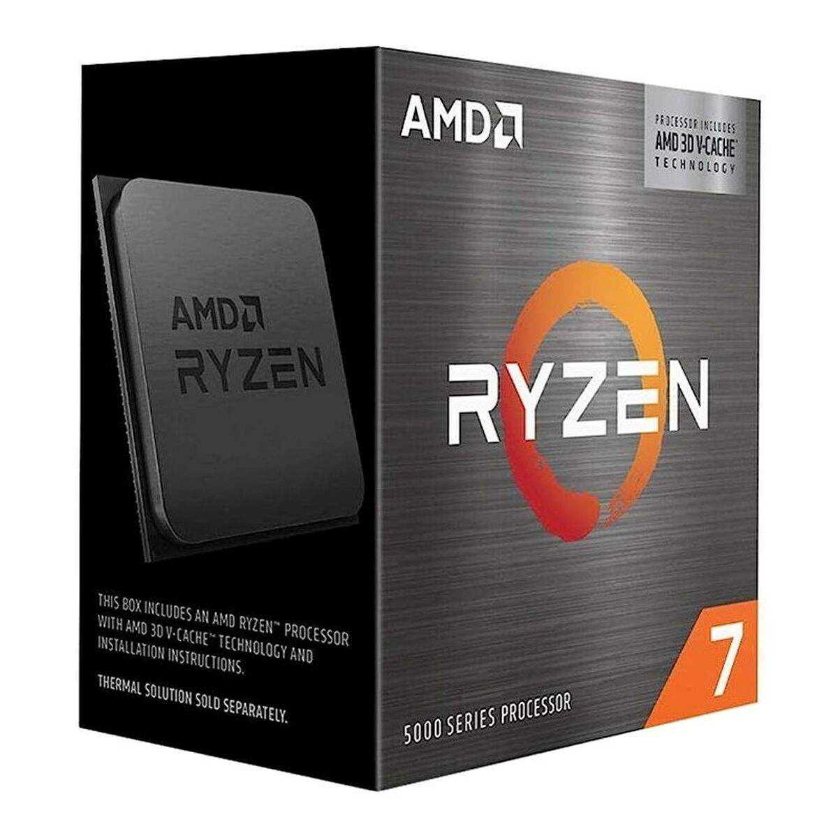Box für AMD Ryzen 7 5000 Serie Prozessor. Es zeigt das AMD Ryzen Logo und ein Prozessorbild.