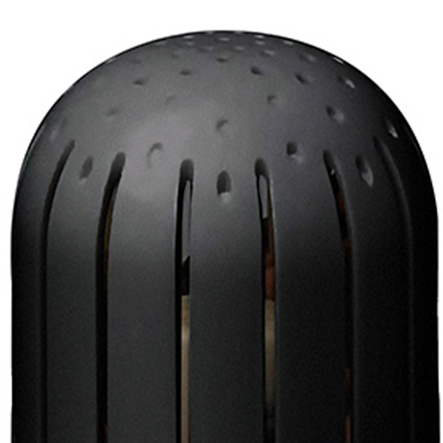 Black, perforated speaker cover with vertical slits, dome shape, on a white background.