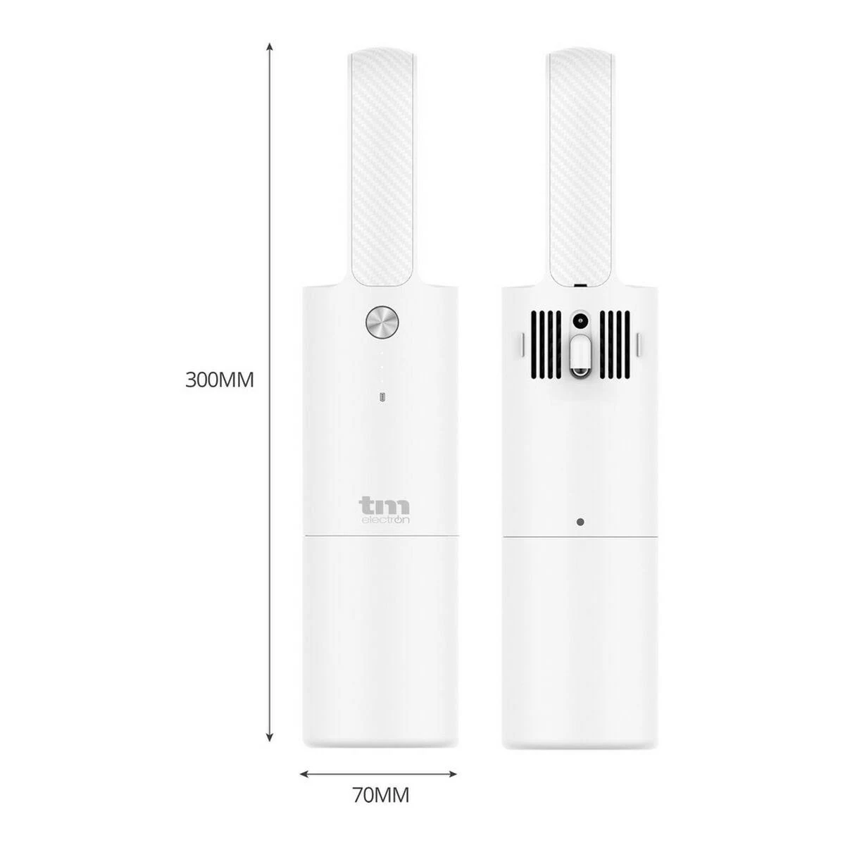 Purificador de aire blanco con dimensiones, con la marca tm electron.