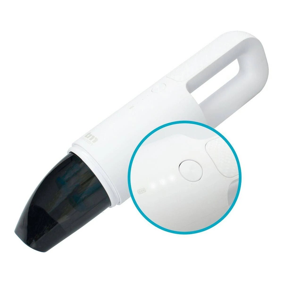 Aspiradora de mano blanca con primer plano del botón de encendido y luces indicadoras de batería.