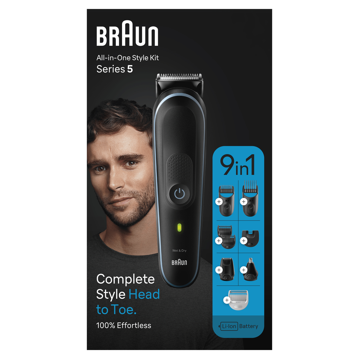 Braun All-in-One Style Kit Serie 5, met trimmer, accessoires en het gezicht van een man.