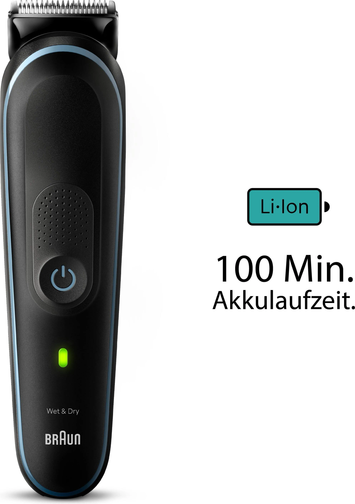Zwarte baardtrimmer met groen lampje en Li-ion batterijsymbool.