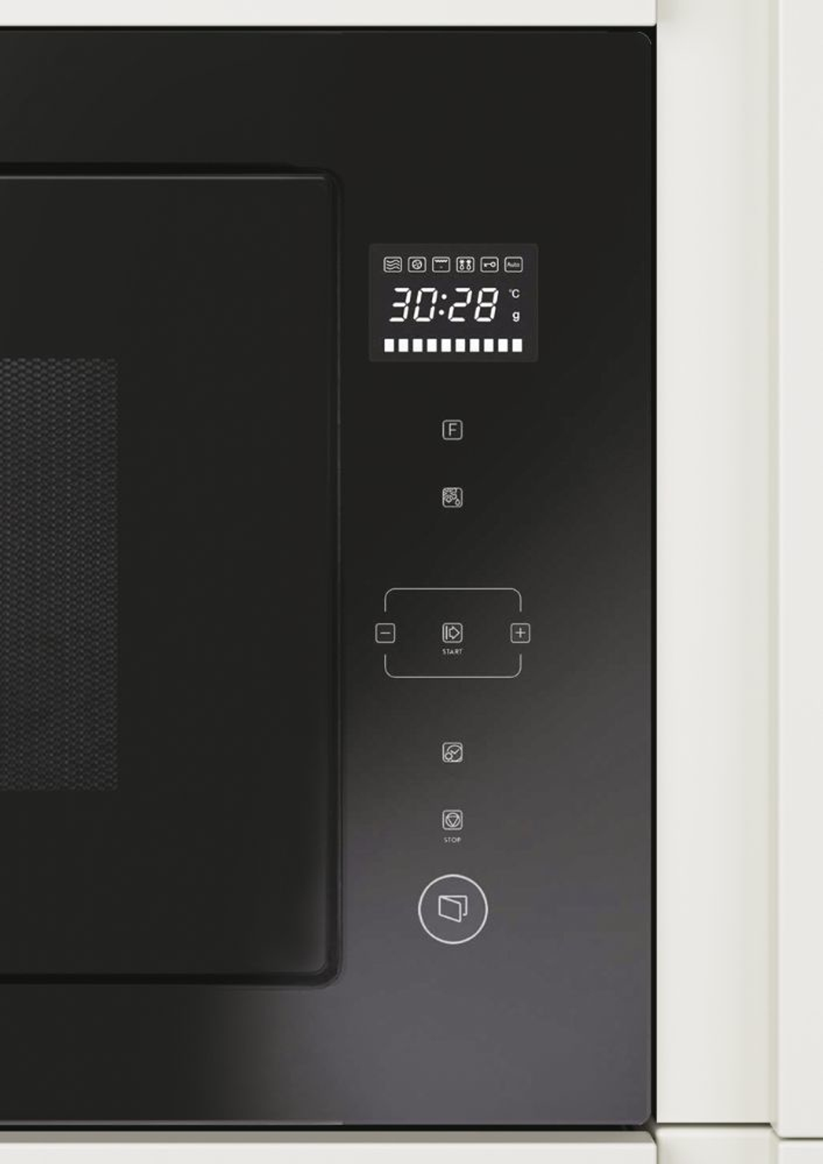 Panel de control de microondas negro. Cuenta con pantalla digital y varios botones.