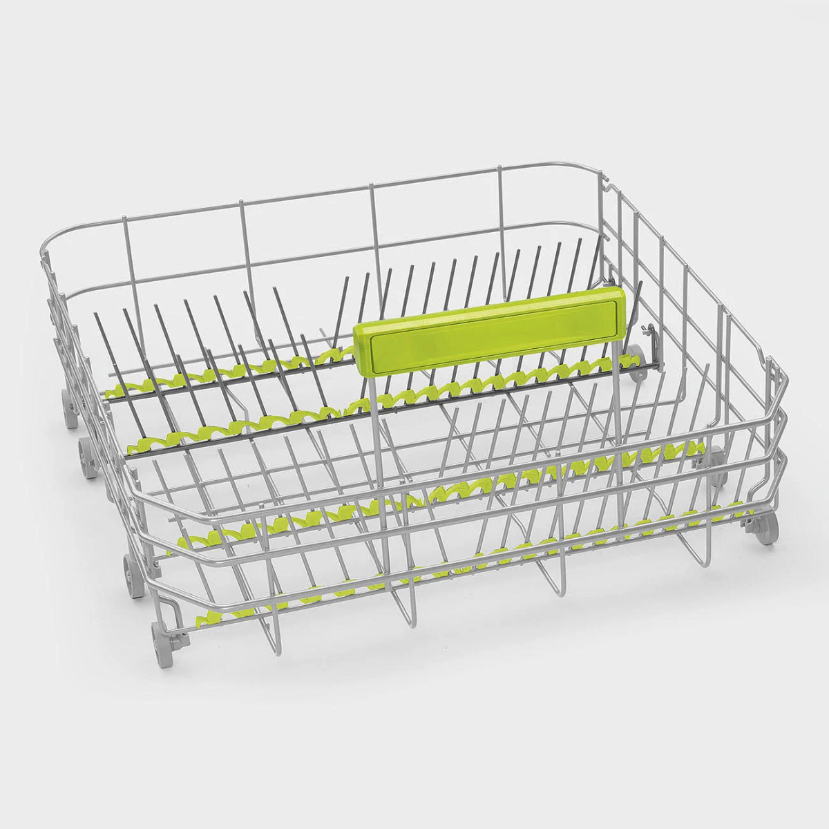 Cesto della lavastoviglie. È realizzato in filo metallico, con accenti in plastica verde.