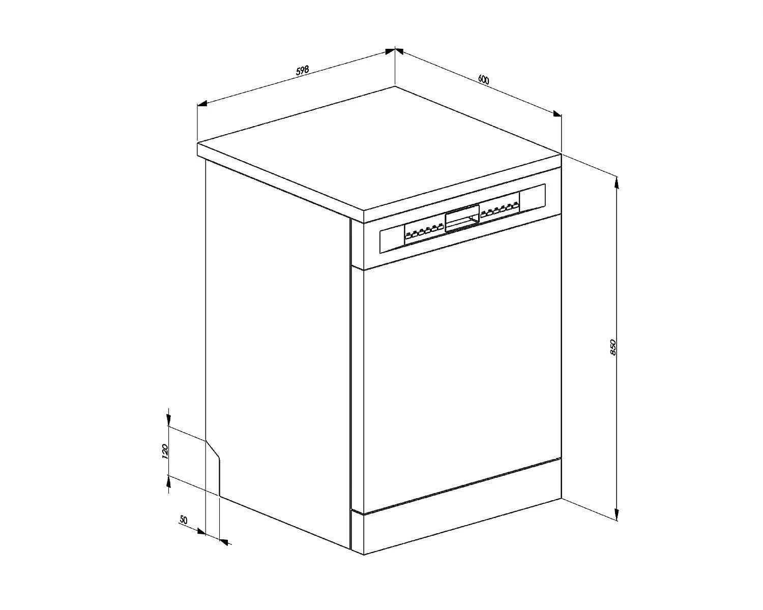 Vista isometrica di una lavastoviglie con dimensioni. L'immagine mostra un modello di elettrodomestico da cucina.
