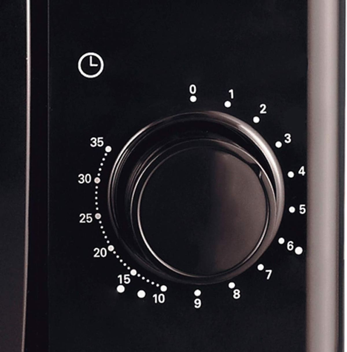 Czarny pokrętło timera mikrofalówki. Cyfry 0-35. Białe wskaźniki punktowe.